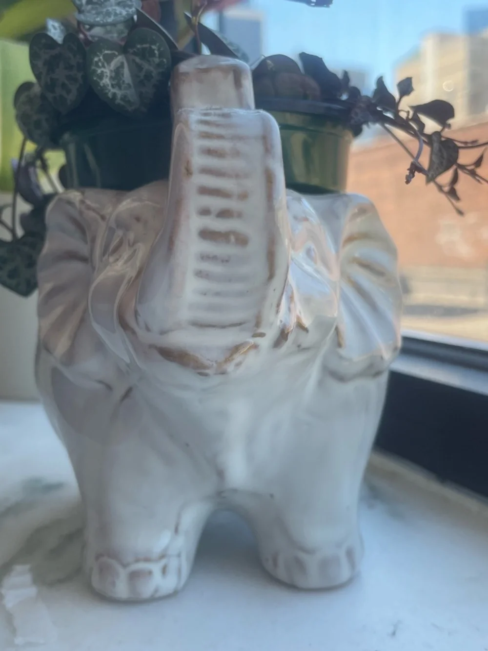 McCoy USA Antique Elephant Texted Green Planter With Dish Vase Flower Pot